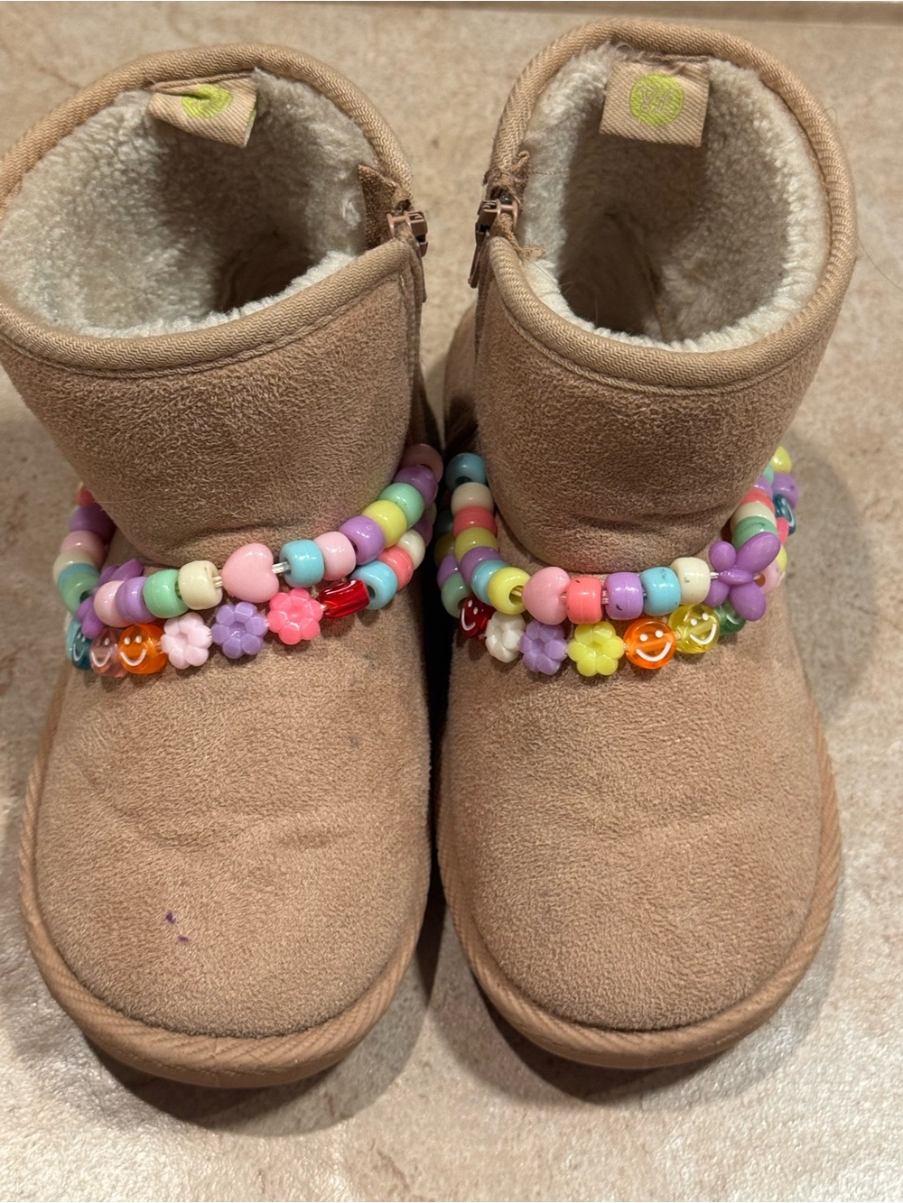 Kids Tan Plush Winter Boots with Colorful Bead Anklets